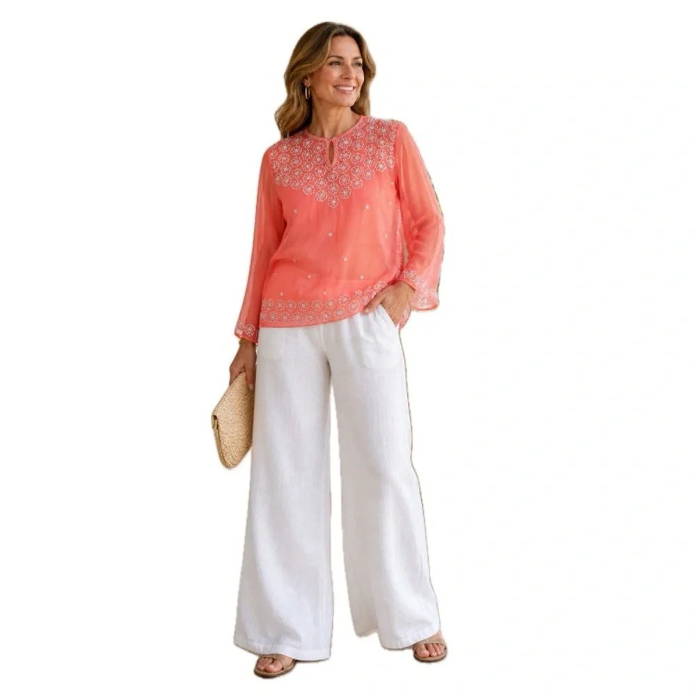 Cejon Coral, Embroidered Beaded Sheer Blouse Boho Resort Top, Size L NWT - Picture 1 of 16